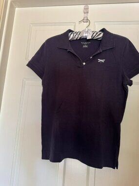 Talbots women's navy blue short-sleeve polo shirt featuring a dragonfly embroide